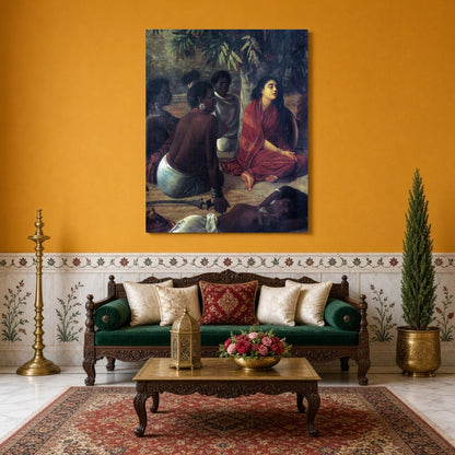 Immerse yourself in the serene elegance of Raja Ravi Varma's masterful depiction of contemplative for Sitting Area