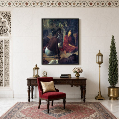Immerse yourself in the serene elegance of Raja Ravi Varma's masterful depiction of contemplative for Study