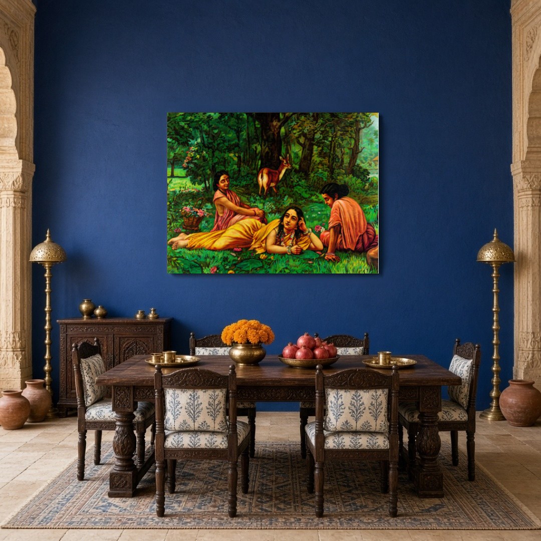 This elegant artwork captures Shakuntala in a moment of introspection, surrounded by the lush for Dining