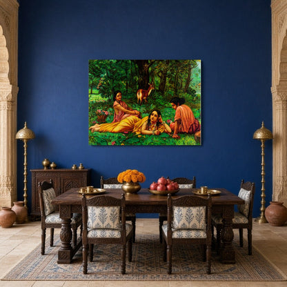 This elegant artwork captures Shakuntala in a moment of introspection, surrounded by the lush for Dining