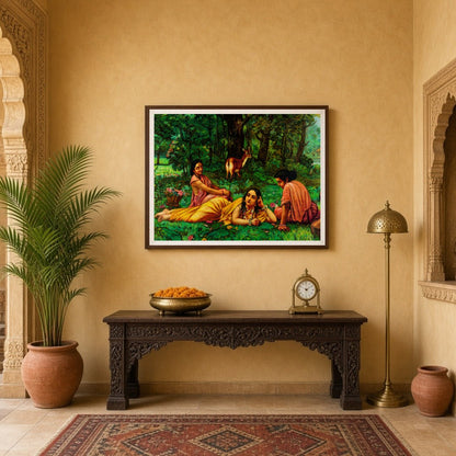 This elegant artwork captures Shakuntala in a moment of introspection, surrounded by the lush for Entrance