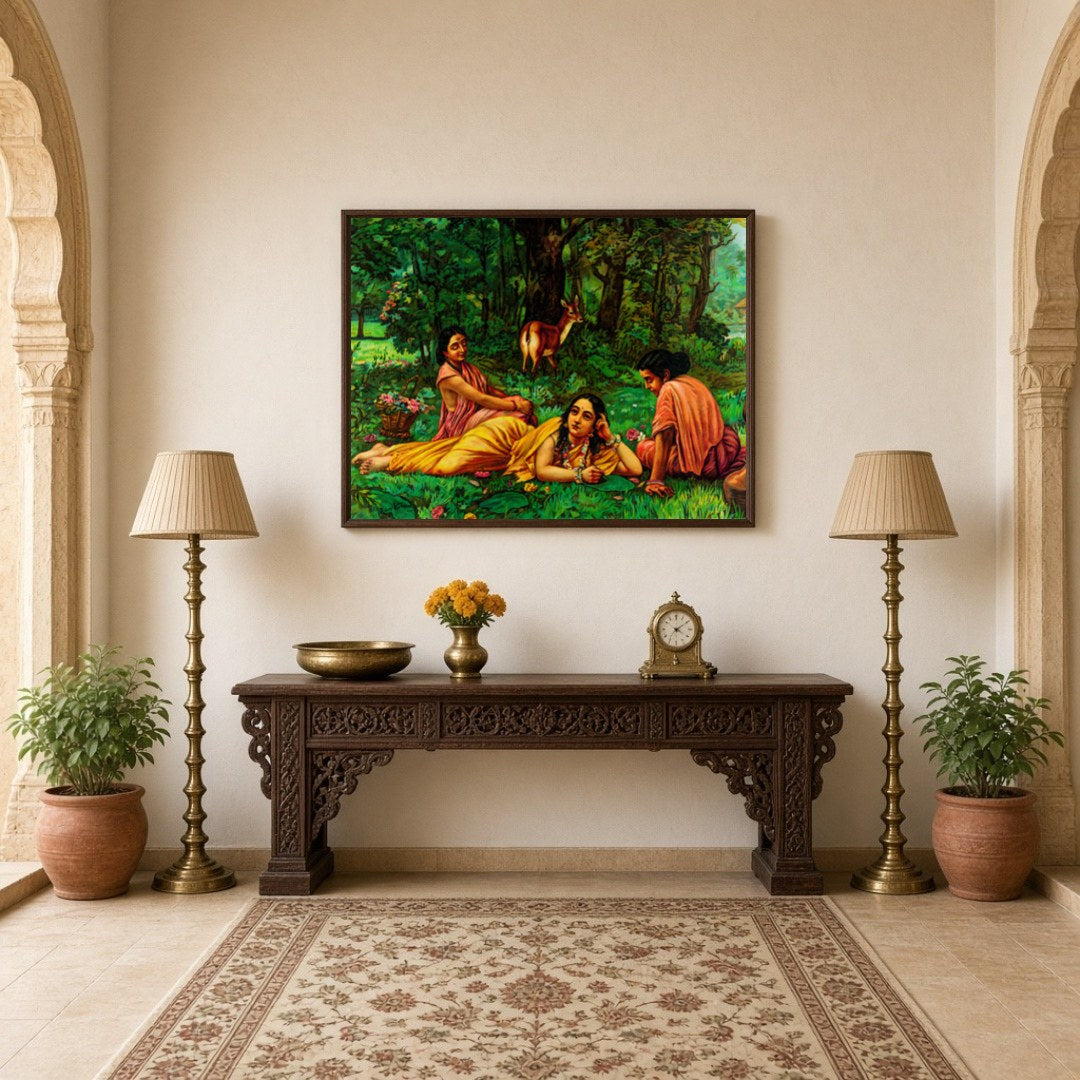 This elegant artwork captures Shakuntala in a moment of introspection, surrounded by the lush for Hallway