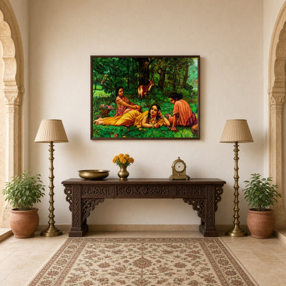 This elegant artwork captures Shakuntala in a moment of introspection, surrounded by the lush for Hallway