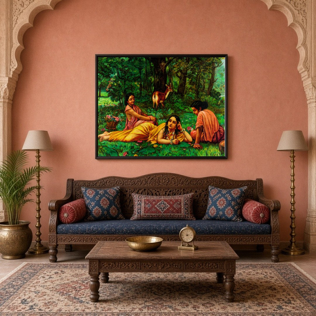 This elegant artwork captures Shakuntala in a moment of introspection, surrounded by the lush for Living Room