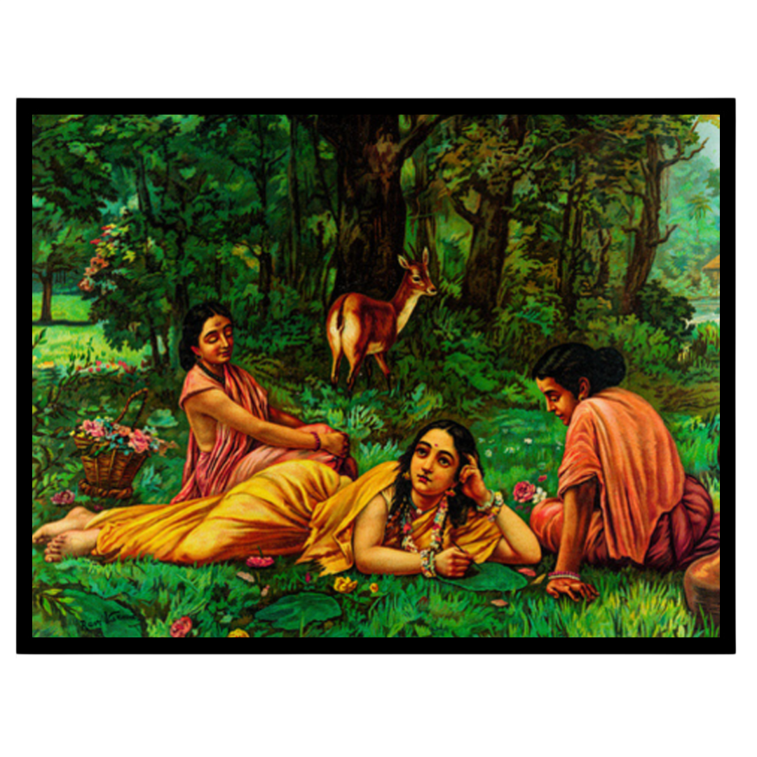 This elegant artwork captures Shakuntala in a moment of introspection, surrounded by the lush for place