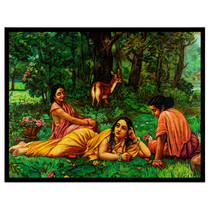 This elegant artwork captures Shakuntala in a moment of introspection, surrounded by the lush for place