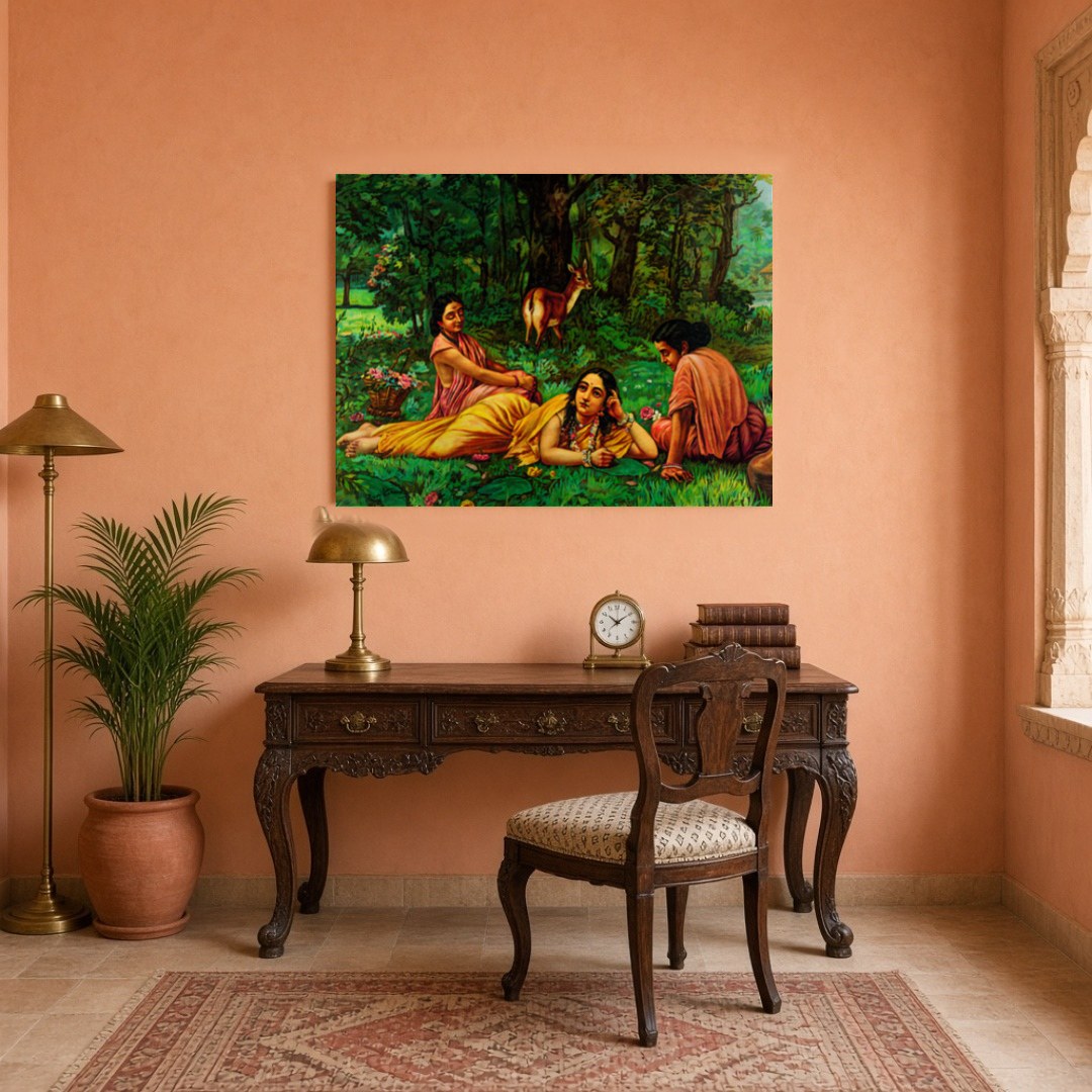This elegant artwork captures Shakuntala in a moment of introspection, surrounded by the lush for Study