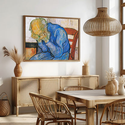 This evocative artwork captures the essence of deep introspection with its striking use of color for Dining