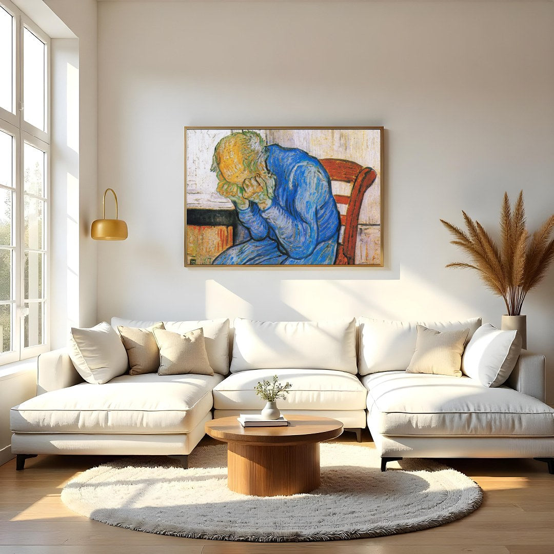 This evocative artwork captures the essence of deep introspection with its striking use of color for Living Room