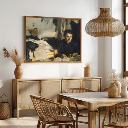 This evocative piece captures a moment of introspection, with a solitary figure enveloped in the for Dining