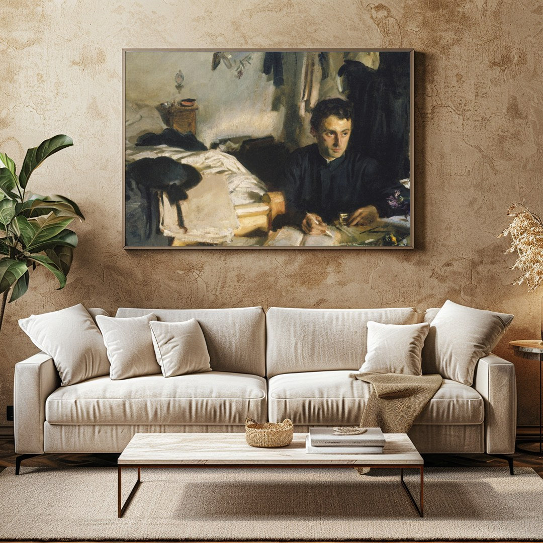 This evocative piece captures a moment of introspection, with a solitary figure enveloped in the for Family Room