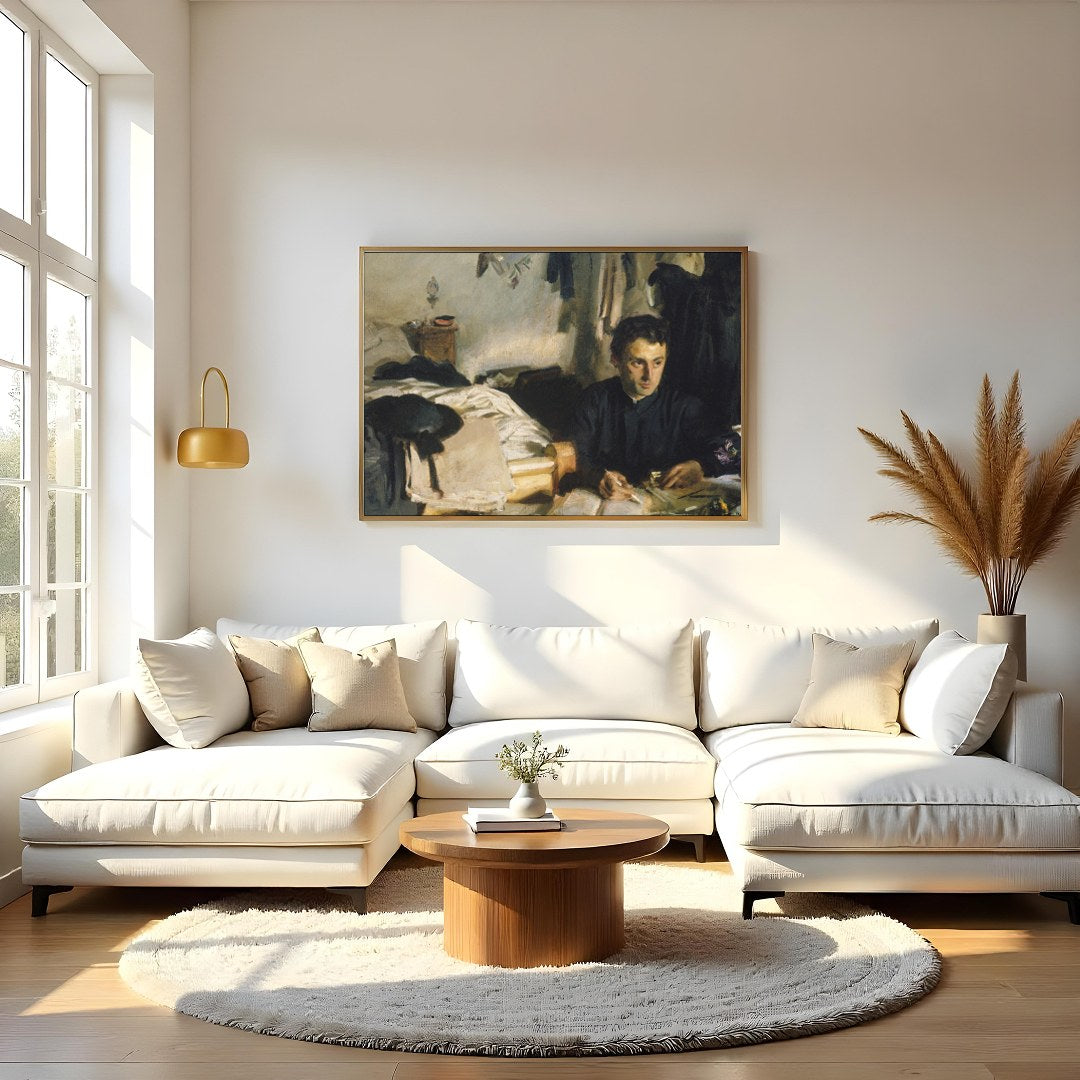 This evocative piece captures a moment of introspection, with a solitary figure enveloped in the for Living Room
