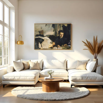 This evocative piece captures a moment of introspection, with a solitary figure enveloped in the for Living Room