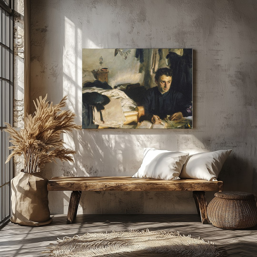 This evocative piece captures a moment of introspection, with a solitary figure enveloped in the for Veranda