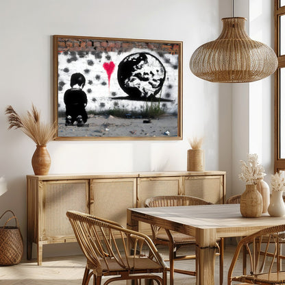 This compelling street art piece captures the juxtaposition of innocence and worldly awareness, for Dining