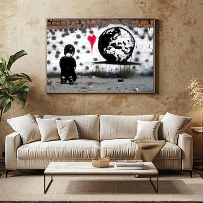 This compelling street art piece captures the juxtaposition of innocence and worldly awareness, for Family Room