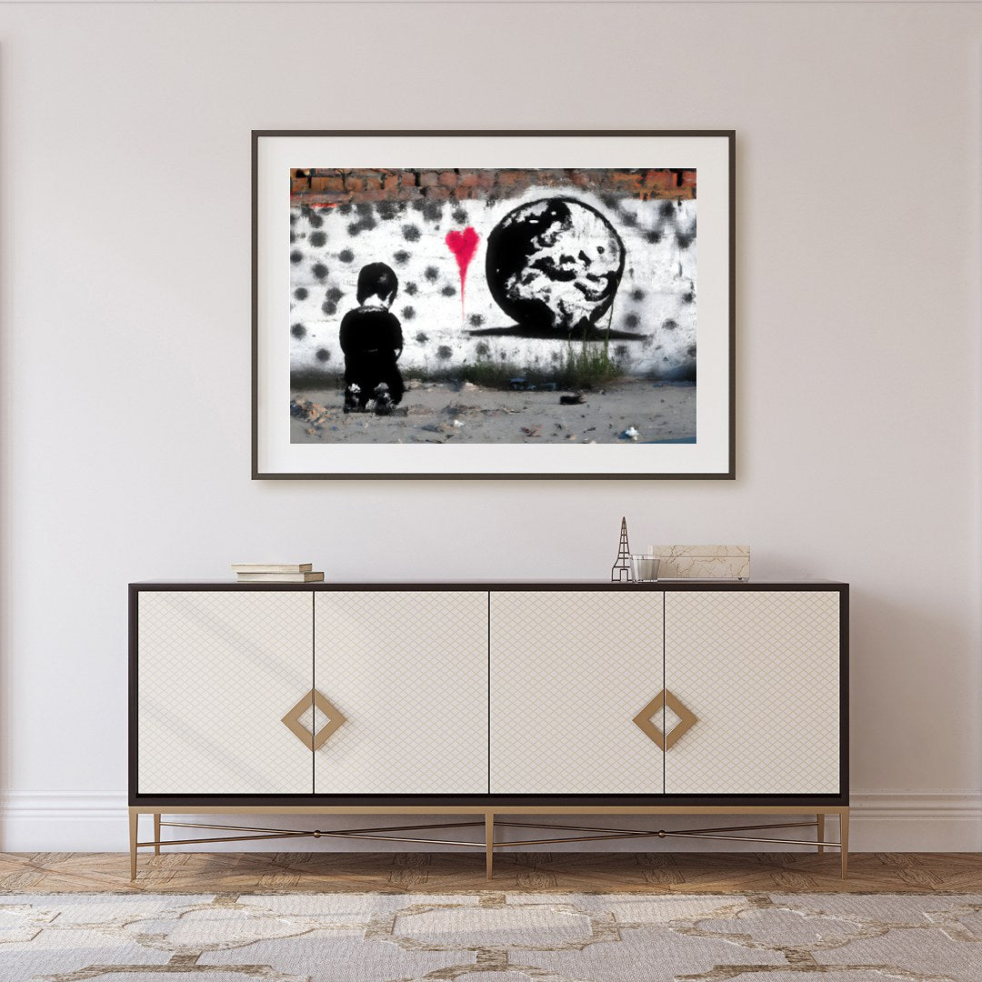 This compelling street art piece captures the juxtaposition of innocence and worldly awareness, for Foyer