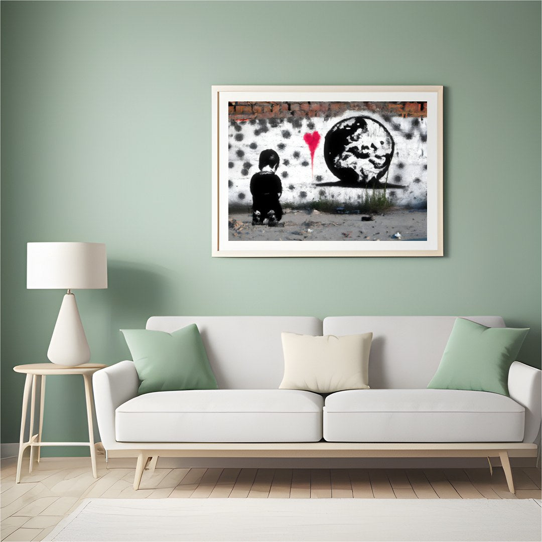 This compelling street art piece captures the juxtaposition of innocence and worldly awareness, for Hall