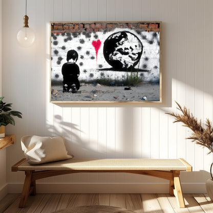 This compelling street art piece captures the juxtaposition of innocence and worldly awareness, for Hallway