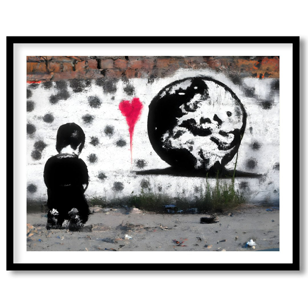 This compelling street art piece captures the juxtaposition of innocence and worldly awareness, for house