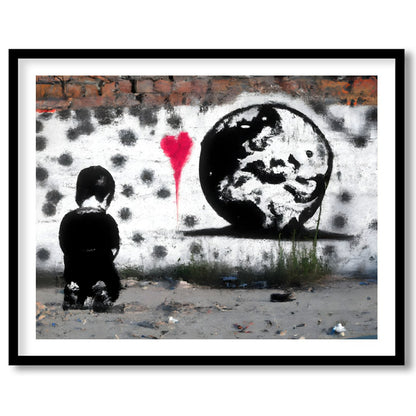 This compelling street art piece captures the juxtaposition of innocence and worldly awareness, for house