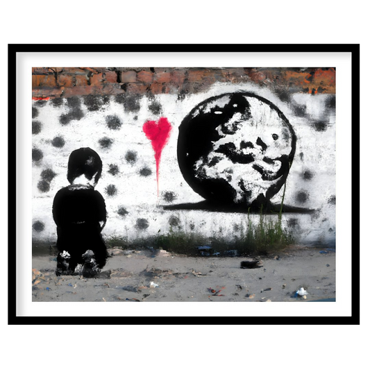 This compelling street art piece captures the juxtaposition of innocence and worldly awareness, for house