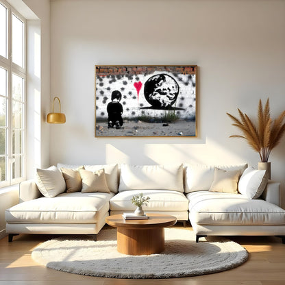 This compelling street art piece captures the juxtaposition of innocence and worldly awareness, for Living Room