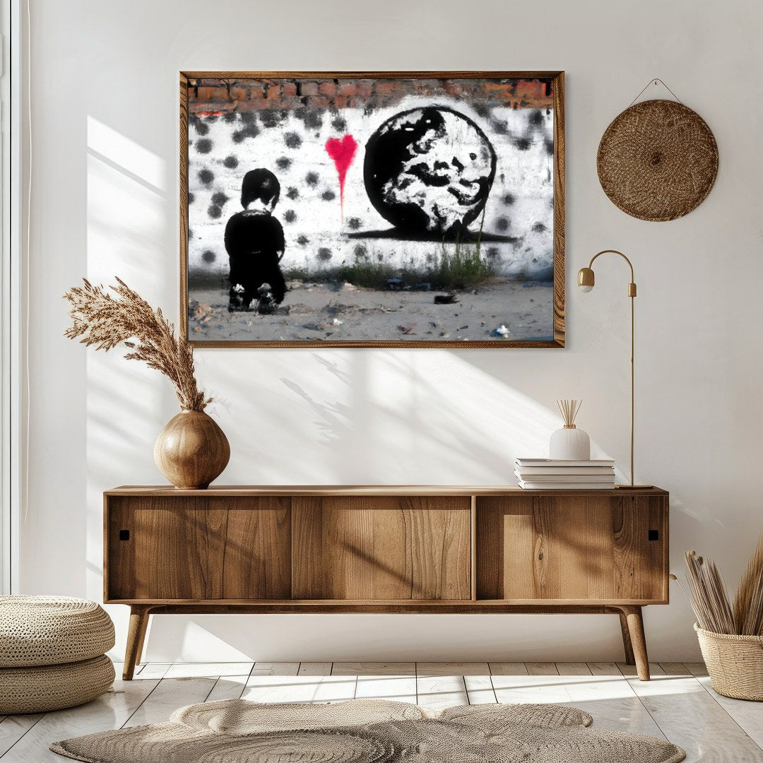 This compelling street art piece captures the juxtaposition of innocence and worldly awareness, for Sitting Area
