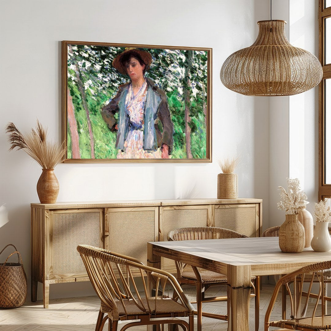 This captivating artwork captures a serene moment in a sun-dappled grove. The intricate brushwork for Dining