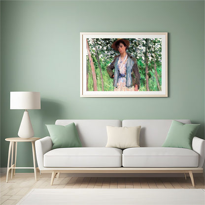 This captivating artwork captures a serene moment in a sun-dappled grove. The intricate brushwork for Hall