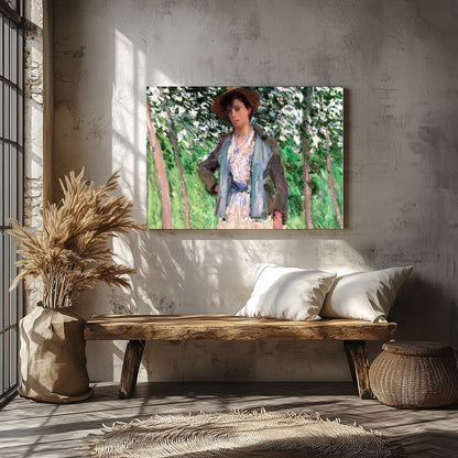 This captivating artwork captures a serene moment in a sun-dappled grove. The intricate brushwork for Veranda