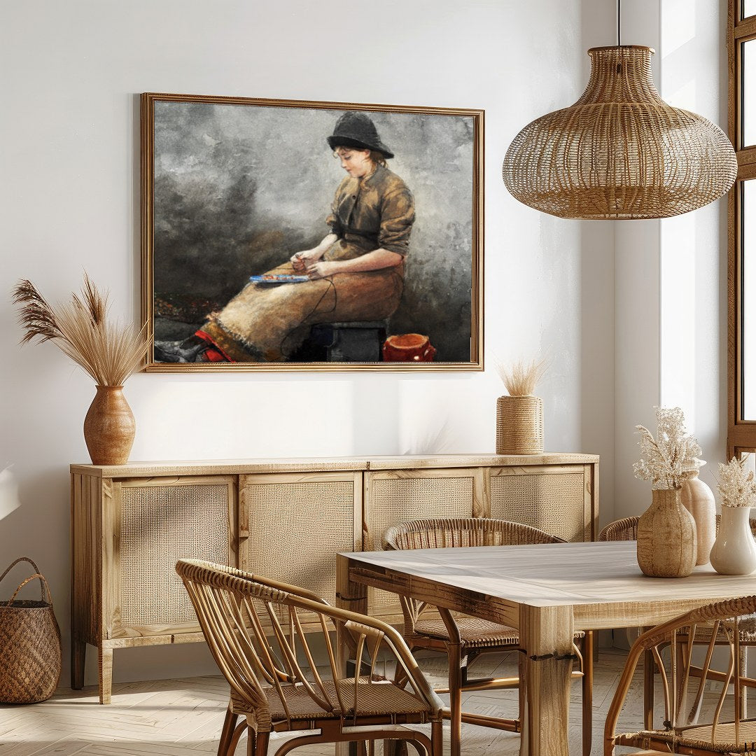 This evocative artwork captures a young artist deep in thought, seated in a rustic setting. The for Dining