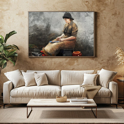 This evocative artwork captures a young artist deep in thought, seated in a rustic setting. The for Family Room