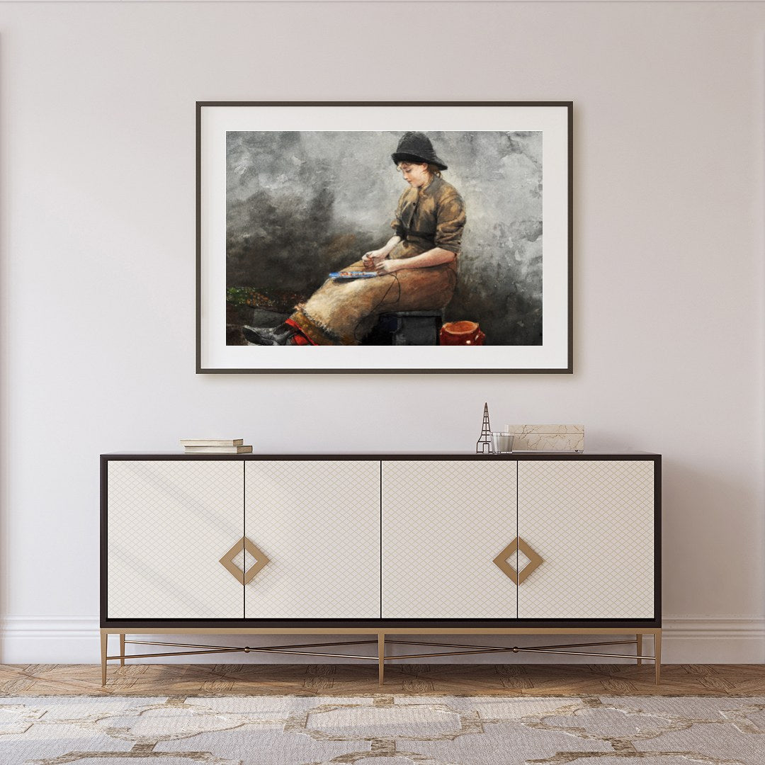 This evocative artwork captures a young artist deep in thought, seated in a rustic setting. The for Foyer