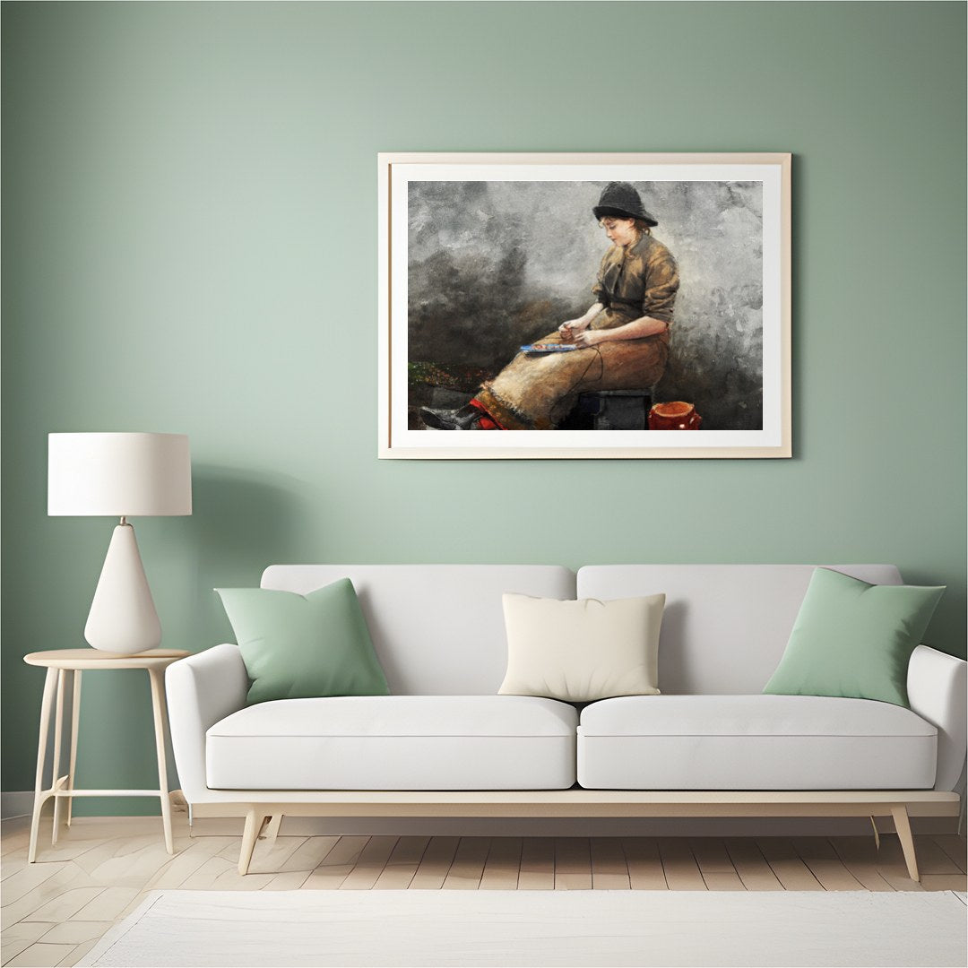 This evocative artwork captures a young artist deep in thought, seated in a rustic setting. The for Hall