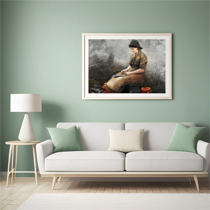 This evocative artwork captures a young artist deep in thought, seated in a rustic setting. The for Hall