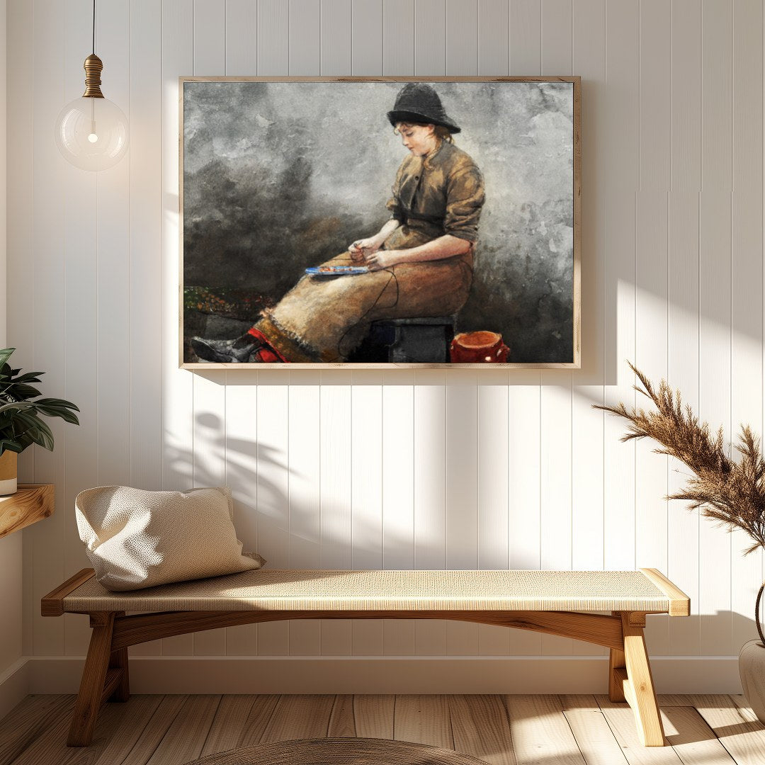 This evocative artwork captures a young artist deep in thought, seated in a rustic setting. The for Hallway