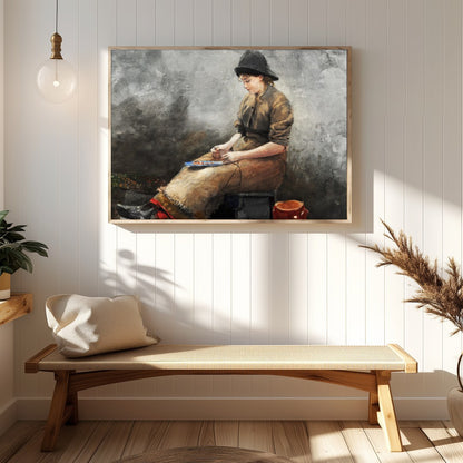 This evocative artwork captures a young artist deep in thought, seated in a rustic setting. The for Hallway