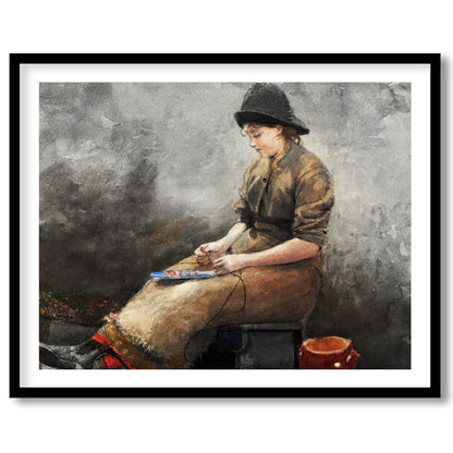 This evocative artwork captures a young artist deep in thought, seated in a rustic setting. The for haven
