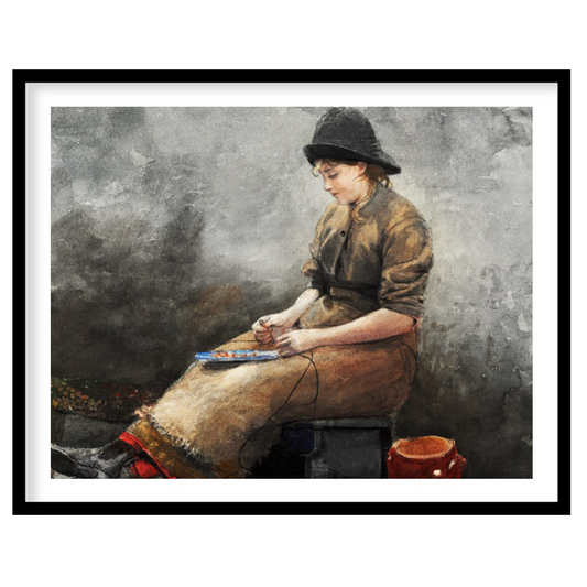 This evocative artwork captures a young artist deep in thought, seated in a rustic setting. The for haven