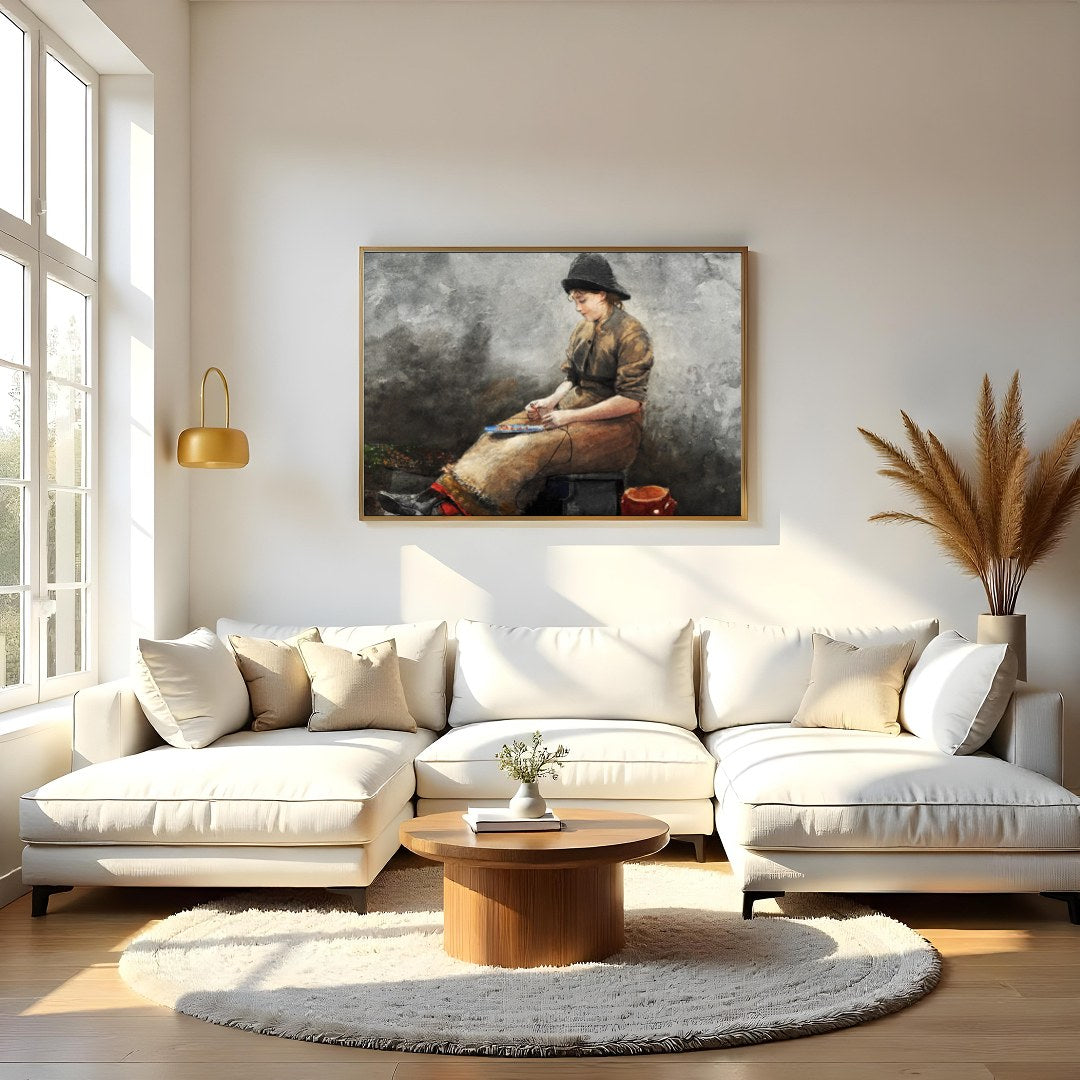 This evocative artwork captures a young artist deep in thought, seated in a rustic setting. The for Living Room
