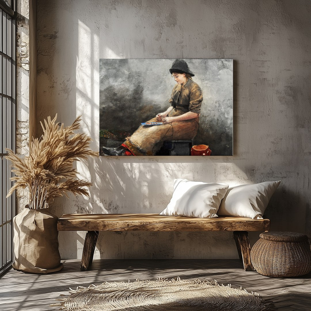 This evocative artwork captures a young artist deep in thought, seated in a rustic setting. The for Veranda