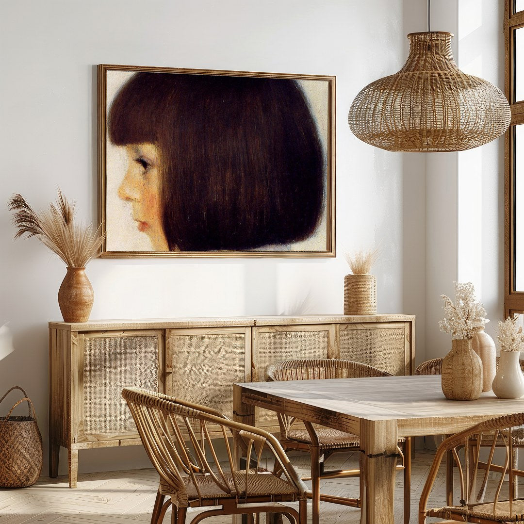 This serene portrait captures the profile of a young girl with exquisite detail, evoking a sense of for Dining
