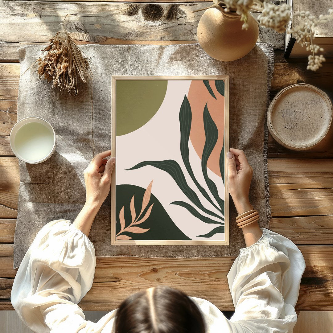 Elevate your space with this captivating abstract botanical artwork. Featuring harmonious earth for Kitchen