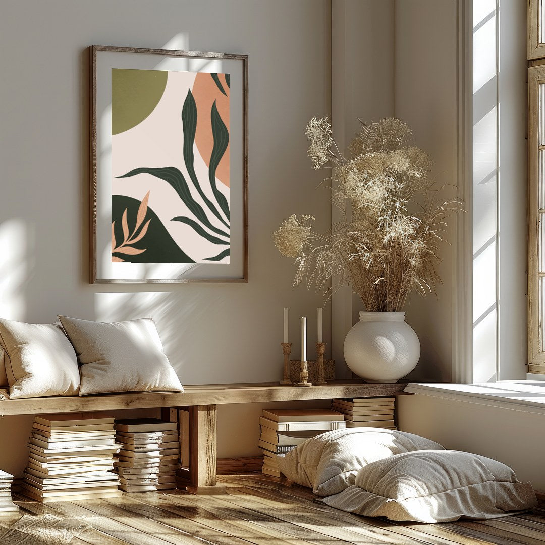 Elevate your space with this captivating abstract botanical artwork. Featuring harmonious earth for residence
