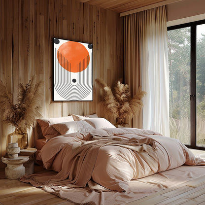 This bold artwork draws the eye with its striking geometric design and vibrant orange hue. The for Bedroom