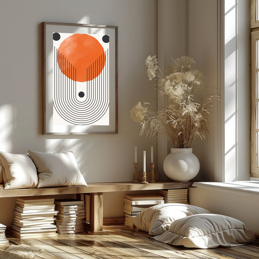 This bold artwork draws the eye with its striking geometric design and vibrant orange hue. The for dwelling