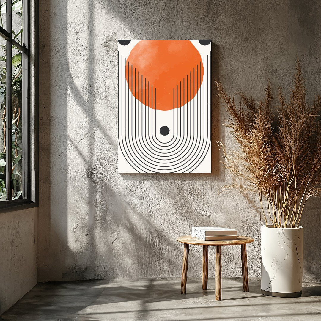 This bold artwork draws the eye with its striking geometric design and vibrant orange hue. The for Entrance