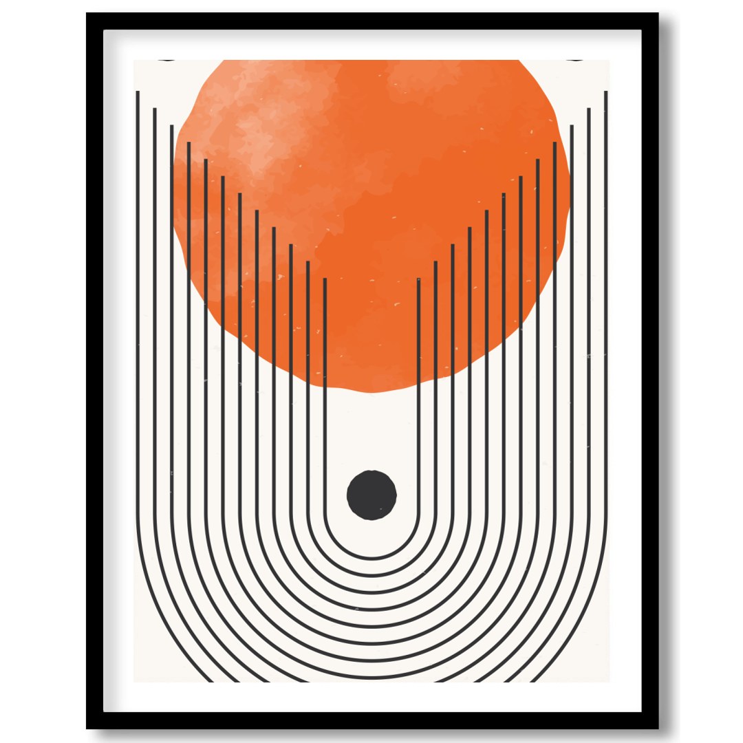 This bold artwork draws the eye with its striking geometric design and vibrant orange hue. The for gallery