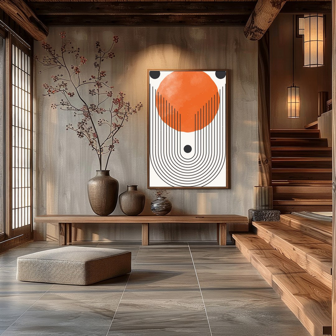 This bold artwork draws the eye with its striking geometric design and vibrant orange hue. The for Hall